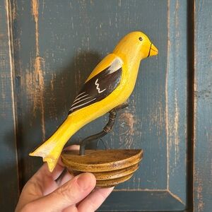 Folky Yellow Carved Wooden Bird with Wall Hanger
